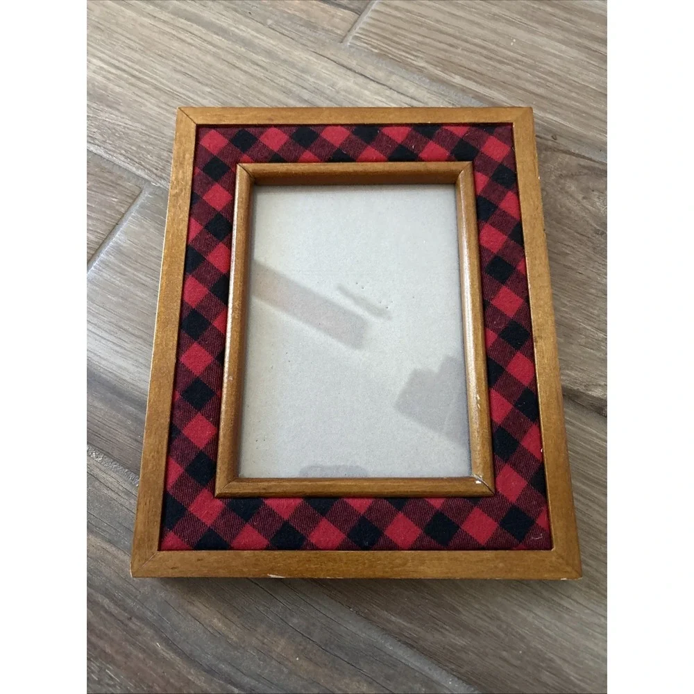 Vintage Red Plaid & Wood Fabric Rectangular Photo Frame 5